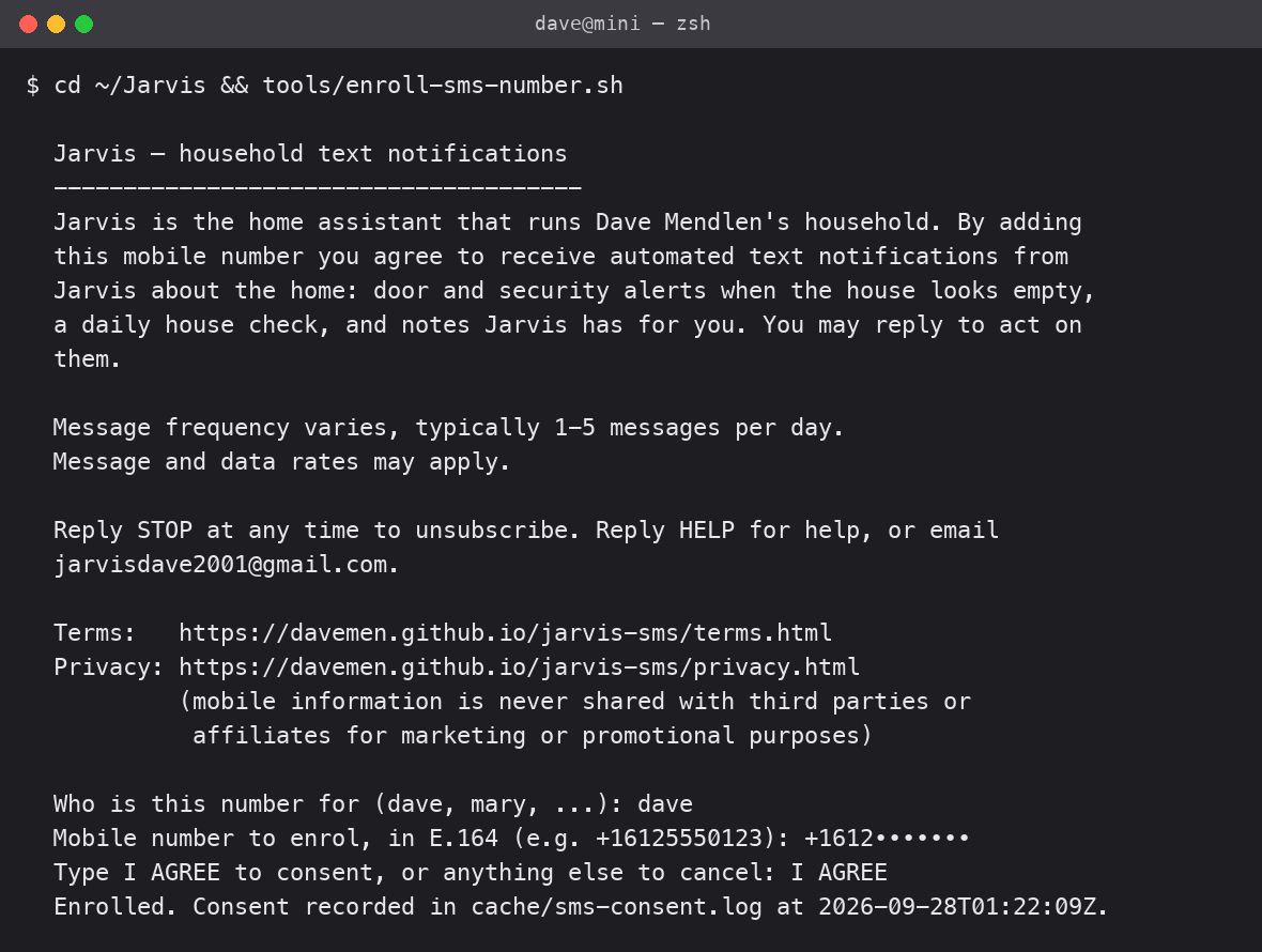 Terminal screenshot of the enrollment tool showing the consent notice, the prompts for name and mobile number, the typed words I AGREE, and the confirmation that consent was recorded with a timestamp.